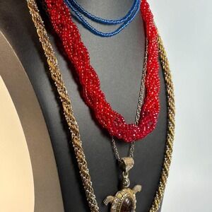 Vintage boho necklaces with glass, wood, metal, and carved seed beads‎